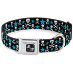 Dog Bone Seatbelt Buckle Collar - Skulls & Stars Black/White/Blue