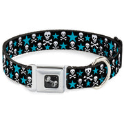 Dog Bone Seatbelt Buckle Collar - Skulls & Stars Black/White/Blue