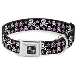 Dog Bone Seatbelt Buckle Collar - Skulls & Stars Black/White/Pink