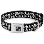 Dog Bone Seatbelt Buckle Collar - Skulls & Stars Black/White