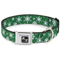 Load image into Gallery viewer, Dog Bone Seatbelt Buckle Collar - Snowflakes Green/White