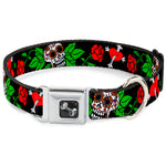 Dog Bone Seatbelt Buckle Collar - Sugar Skull w/Roses & Heart