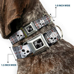 Dog Bone Seatbelt Buckle Collar - Tilted Skulls Plaid Gray