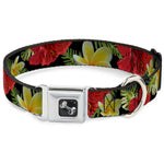Dog Bone Seatbelt Buckle Collar - Tropical Floral Collage Black/Red/Orange