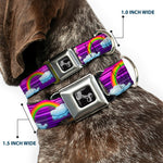 Dog Bone Seatbelt Buckle Collar - Unicorns/Rainbows w/Stripes Purple