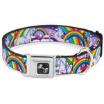 Dog Bone Seatbelt Buckle Collar - Unicorns in Rainbows w/Sparkles/Purple