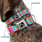 Dog Bone Black/Silver Seatbelt Buckle Collar - Weave CLOSE-UP White/Pink/Orange/Aqua
