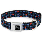 Dog Bone Black/Silver Seatbelt Buckle Collar - Whales Navy/Green/Blue/Red