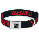 Dog Bone Black/Silver Seatbelt Buckle Collar - YAHWEH Text Navy Blue/Red