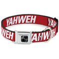 Load image into Gallery viewer, Dog Bone Black/Silver Seatbelt Buckle Collar - YAHWEH Text Red/White