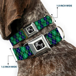 Dog Bone Black/Silver Seatbelt Buckle Collar - Argyle Green/Navy/Green/White