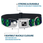 Dog Bone Black/Silver Seatbelt Buckle Collar - Argyle Green/Navy/Green/White