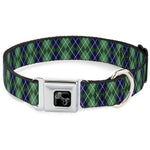 Dog Bone Black/Silver Seatbelt Buckle Collar - Argyle Green/Navy/Green/White