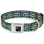 Dog Bone Black/Silver Seatbelt Buckle Collar - Abstract Plaid White/Navy/Neon Green