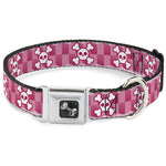 Dog Bone Seatbelt Buckle Collar - Cute Skulls w/Checkers Pinks/White