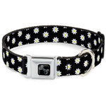 Dog Bone Black/Silver Seatbelt Buckle Collar - Daisies Scattered Black/White/Yellow