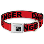 Dog Bone Black/Silver Seatbelt Buckle Collar - DANGER Text Red/Black