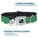 Dog Bone Black/Silver Seatbelt Buckle Collar - Fine Stripes White/Neon Green/Navy