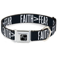 Load image into Gallery viewer, Dog Bone Black/Silver Seatbelt Buckle Collar - FAITH Greater Than FEAR Navy Blue/White