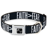 Dog Bone Black/Silver Seatbelt Buckle Collar - FAITH Greater Than FEAR Navy Blue/White