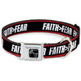 Load image into Gallery viewer, Dog Bone Black/Silver Seatbelt Buckle Collar - FAITH Greater Than FEAR Stripe Red/Black/White