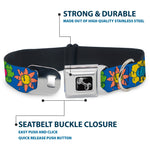 Dog Bone Black/Silver Seatbelt Buckle Collar - Funky Flower Drip Blue/Multi Color