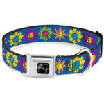 Dog Bone Black/Silver Seatbelt Buckle Collar - Funky Flower Drip Blue/Multi Color