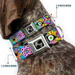 Dog Bone Black/Silver Seatbelt Buckle Collar - Funky Alien Flowers Aqua Blue/Multi Color