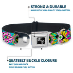 Dog Bone Black/Silver Seatbelt Buckle Collar - Funky Alien Flowers Aqua Blue/Multi Color