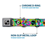 Dog Bone Black/Silver Seatbelt Buckle Collar - Funky Alien Flowers Aqua Blue/Multi Color