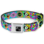 Dog Bone Black/Silver Seatbelt Buckle Collar - Funky Alien Flowers Aqua Blue/Multi Color