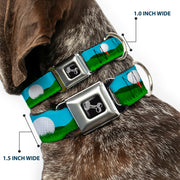 Dog Bone Black/Silver Seatbelt Buckle Collar - Golf Course/Balls/Holes Blues/Greens