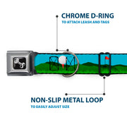 Dog Bone Black/Silver Seatbelt Buckle Collar - Golf Course/Balls/Holes Blues/Greens