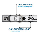 Dog Bone Black/Silver Seatbelt Buckle Collar - THE MOUNTAINS ARE CALLING AND I MUST GO/Mountains Outline White/Black