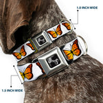 Dog Bone Black/Silver Seatbelt Buckle Collar - Monarch Butterfly Repeat White