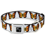 Dog Bone Black/Silver Seatbelt Buckle Collar - Monarch Butterfly Repeat White