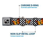 Dog Bone Black/Silver Seatbelt Buckle Collar - Monarch Butterfly Scattered Checker Black/White