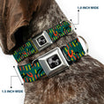 Load image into Gallery viewer, Dog Bone Black/Silver Seatbelt Buckle Collar - MCO Orlando International Airport Carpet Teal/Orange/Yellow/Black