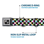 Dog Bone Black/Silver Seatbelt Buckle Collar - Mushrooms Scattered Checker Black/White/Multi Neon