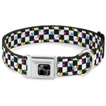 Dog Bone Black/Silver Seatbelt Buckle Collar - Mushrooms Scattered Checker Black/White/Multi Neon