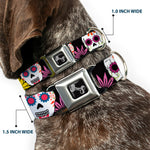 Dog Bone Seatbelt Buckle Collar - Sugar Skulls & Flowers Black/Multi Color