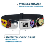 Dog Bone Black/Silver Seatbelt Buckle Collar - Painted Sugar Skulls & Flowers Collage