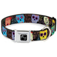 Load image into Gallery viewer, Dog Bone Black/Silver Seatbelt Buckle Collar - Painted Sugar Skulls & Flowers Collage
