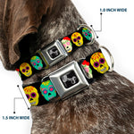 Dog Bone Black/Silver Seatbelt Buckle Collar - Painted Sugar Skulls Black/Multi Color