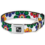 Dog Bone Seatbelt Buckle Collar - Psychedelic Daisies CLOSE-UP White/Multi Color