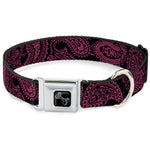 Dog Bone Black/Silver Seatbelt Buckle Collar - Paisley Black/Neon Pink
