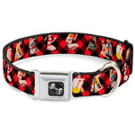 Dog Bone Seatbelt Buckle Collar - Pin Up Girl Poses Buffalo Plaid Blocks Black/Red