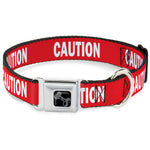 Dog Bone Black/Silver Seatbelt Buckle Collar - Pet Quote CAUTION Red/White
