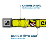 Dog Bone Black/Silver Seatbelt Buckle Collar - Pet Quote CAUTION I BITE/Dog Growl Yellow/Black