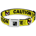 Load image into Gallery viewer, Dog Bone Black/Silver Seatbelt Buckle Collar - Pet Quote CAUTION I BITE/Dog Growl Yellow/Black